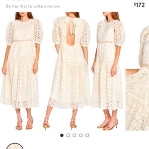 NWT En Saison Guipure Midi Lace Dress Boho Puffy Sleeves Bow Photos Eyelet Retro